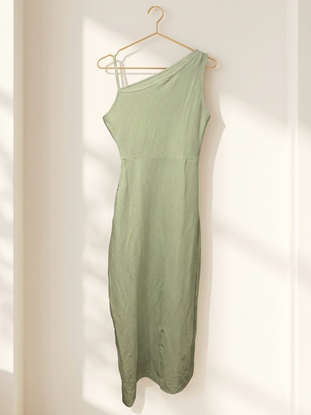 One-Shoulder Sage Green Ribbed Midi Dress